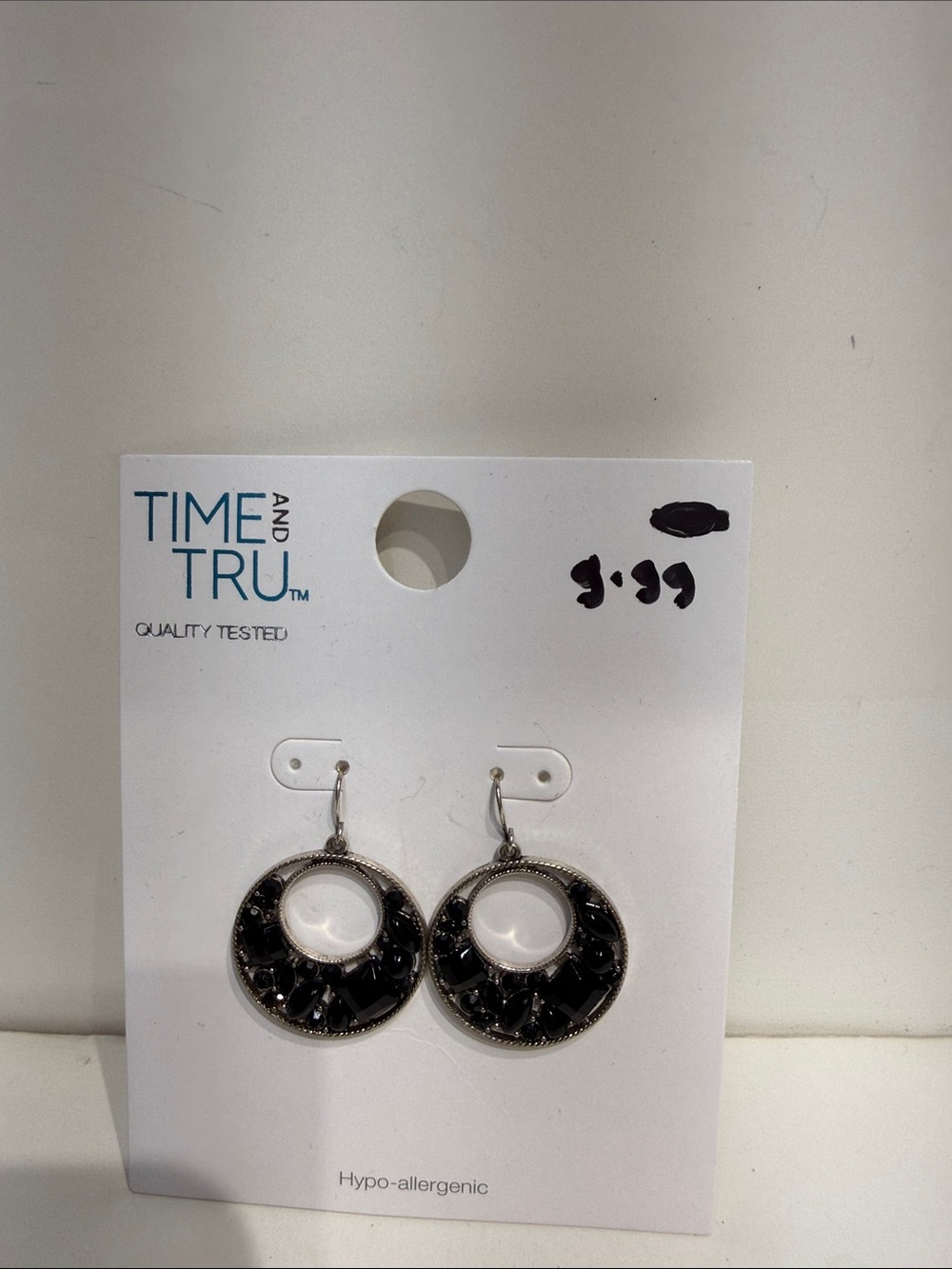 Time and Tru Silver Hoop Earrings with Black Crystals